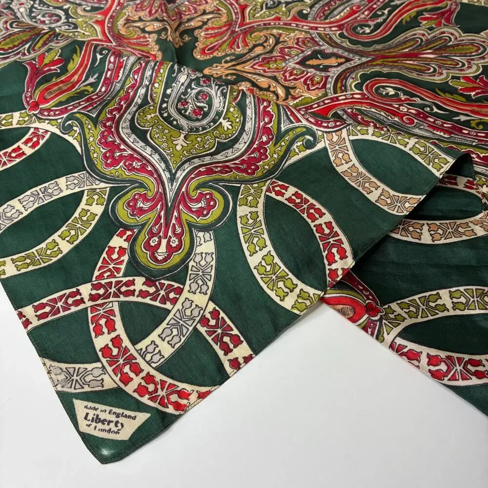 Liberty of London Green Red Cream Brocade Silk Scarf 27.25” Square